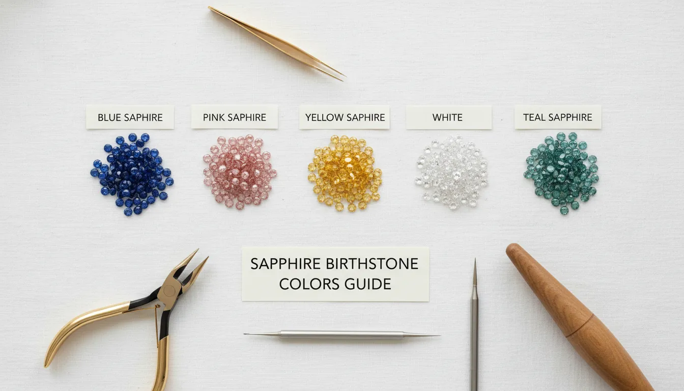 16:9 flat lay of multiple sapphire birthstone colors (blue, pink, yellow, white, teal) as small faceted stones next to minimalist jewelry tools and labels; alt text: sapphire birthstone colors blue pink yellow white teal guide