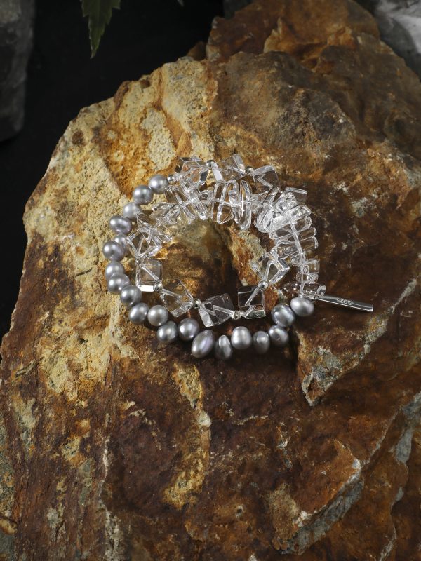 StarryBead Natural Grey Pearl & Sugar Cube Quartz Double-Strand Bracelet: Moonlit Clarity