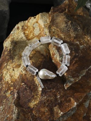 StarryBead Natural Clear Quartz, Baroque Pearl & Black Tourmaline Bracelet: Celestial Purification