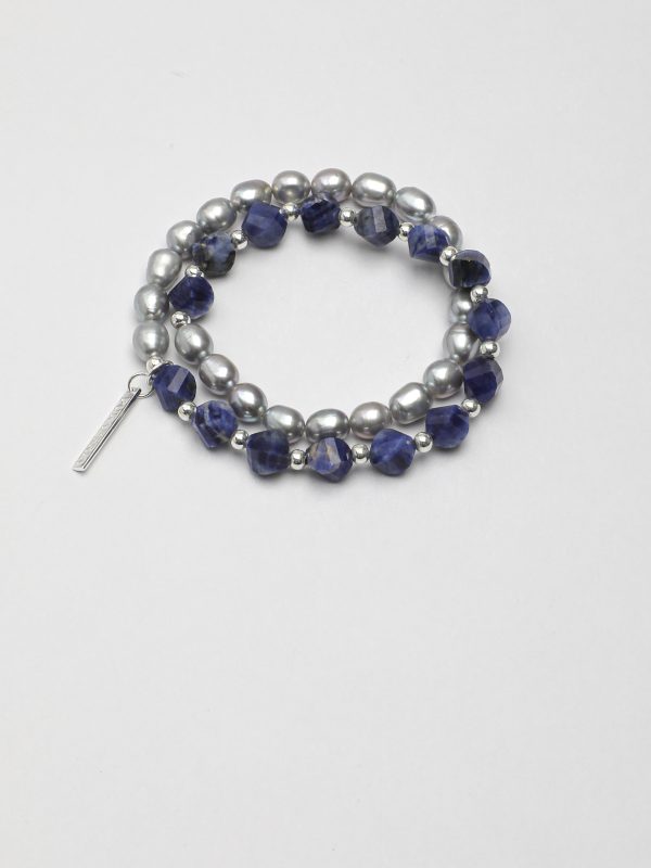 StarryBead Grey Freshwater Pearl & Faceted Blue Calcite Double-Strand Bracelet