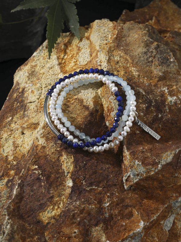 StarryBead Lapis Lazuli, Aquamarine & Freshwater Pearl Triple-Strand Bracelet