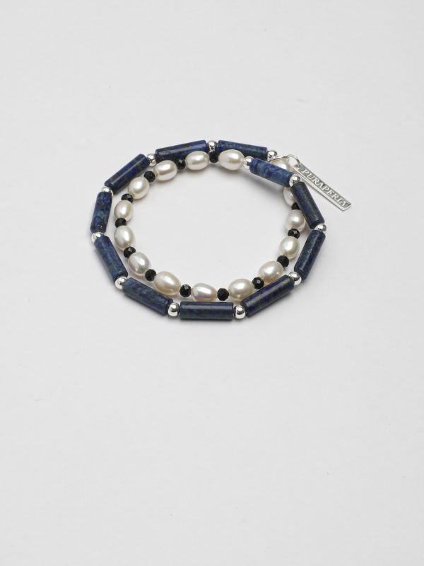 StarryBead Natural Lapis Lazuli, Black Tourmaline & Freshwater Pearl Dual-Strand Bracelet