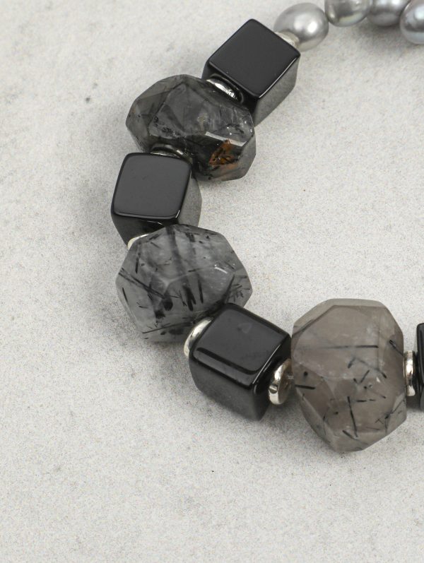 StarryBead Natural Black Agate, Rutilated Quartz & Freshwater Pearl Protection Bracelet