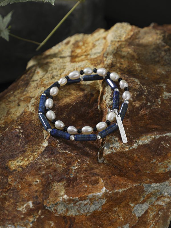 StarryBead Natural Lapis Lazuli, Black Tourmaline & Freshwater Pearl Dual-Strand Bracelet
