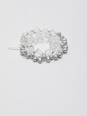 StarryBead Natural Grey Pearl & Sugar Cube Quartz Double-Strand Bracelet: Moonlit Clarity