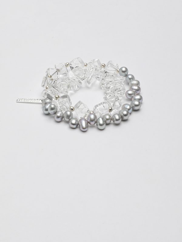 StarryBead Natural Grey Pearl & Sugar Cube Quartz Double-Strand Bracelet: Moonlit Clarity
