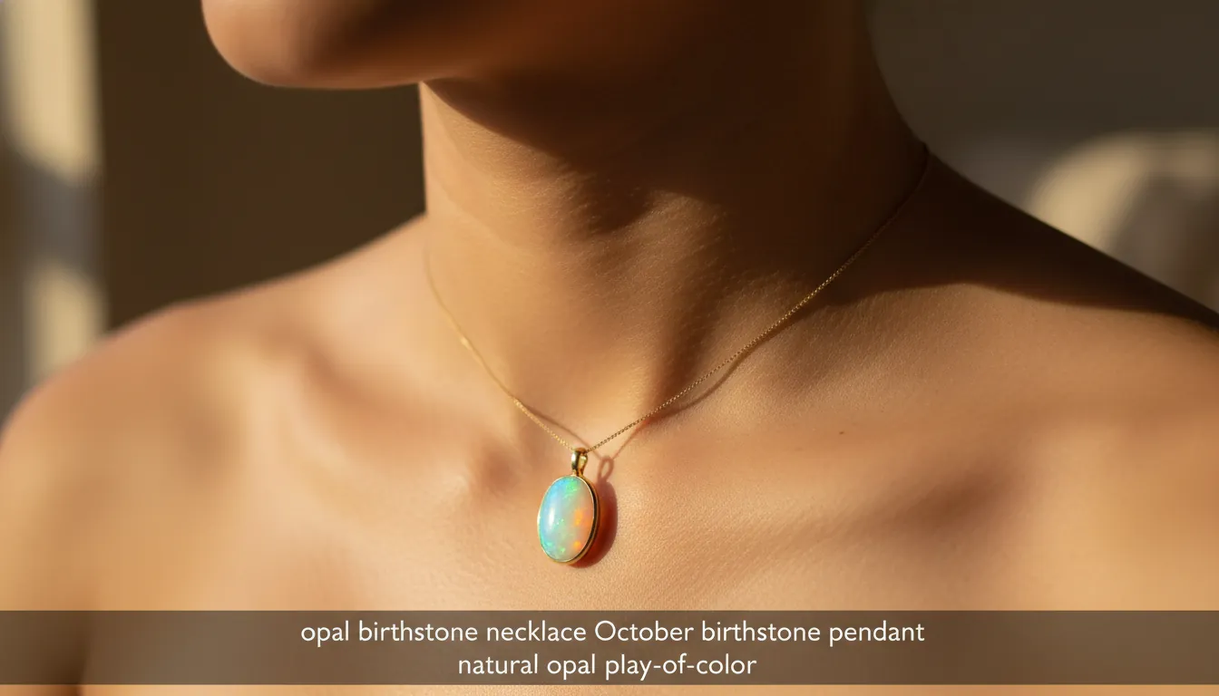 16:9 close-up of an opal birthstone necklace on a model’s collarbone, showing strong play-of-color (blue/green/orange flashes) in warm natural light; minimal jewelry styling; alt text: opal birthstone necklace October birthstone pendant natural opal play-of-color