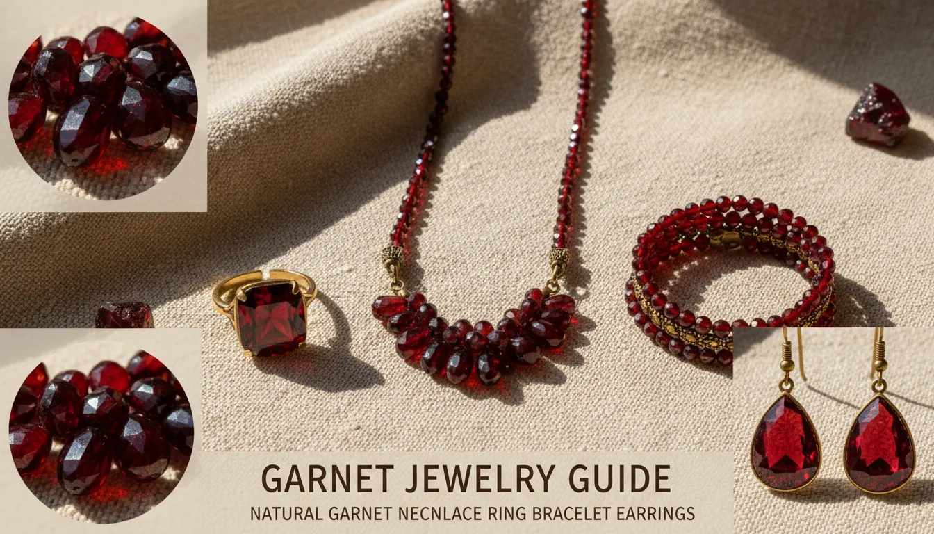 16:9 flat-lay of garnet jewelry assortment—necklace, ring, bracelet, earrings—on warm neutral linen with soft window light; include deep red garnet close-ups showing facets and subtle wine tones; alt text: garnet jewelry guide natural garnet necklace ring bracelet earrings