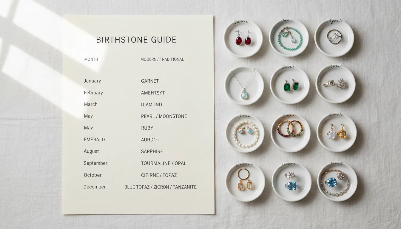 16:9 flat-lay of a birthstone chart poster beside labeled gemstone jewelry pieces by month (garnet, amethyst, aquamarine, diamond, emerald, pearl, ruby, peridot, sapphire, tourmaline, citrine/topaz, blue topaz/zircon/tanzanite), clean neutral background, soft natural light; alt text: birthstone chart by month modern vs traditional gemstones jewelry