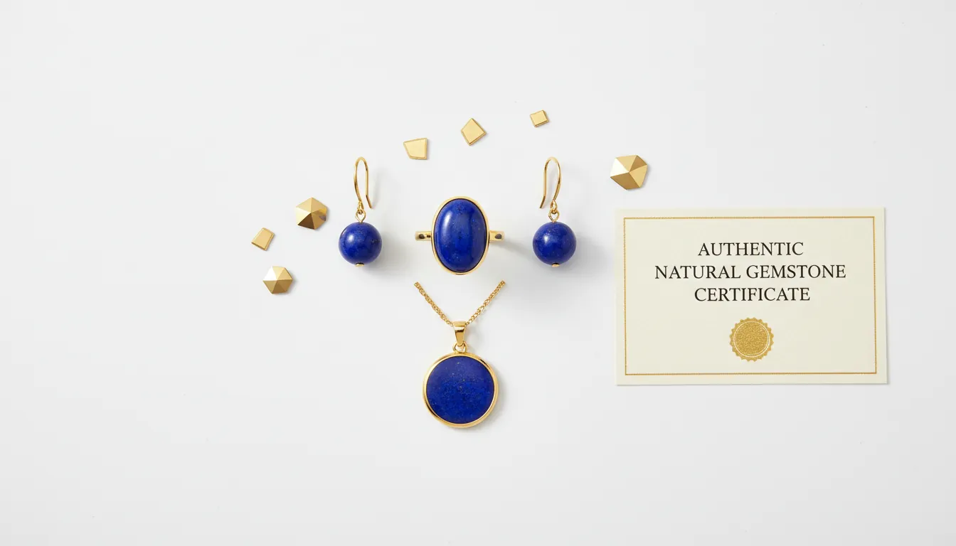 16:9 flat-lay of jewellery lapis lazuli ring, drop earrings, and pendant arranged with gold accents and a certificate card; clean studio lighting; alt text: jewellery lapis lazuli ring earrings pendant authentic natural gemstone certificate