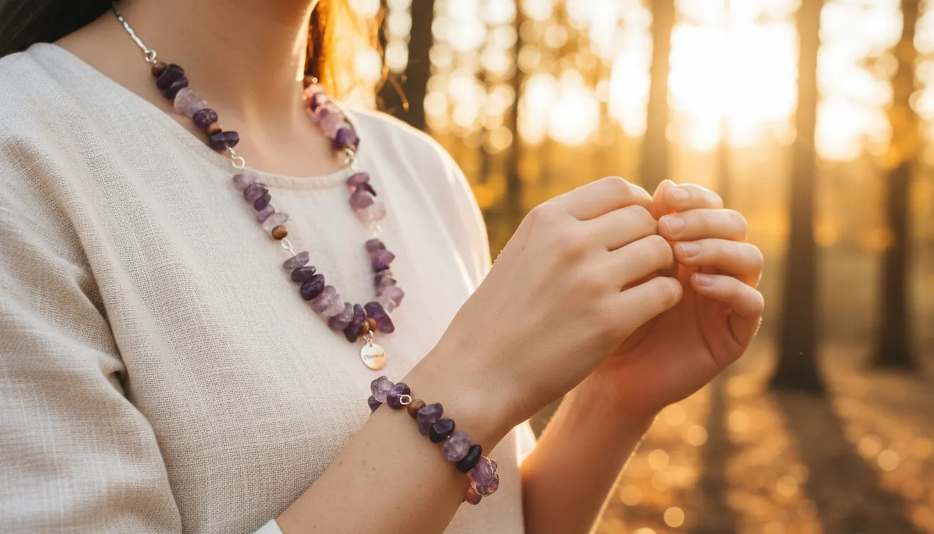16:9 lifestyle photo of a person wearing a handcrafted amethyst necklace and bracelet outdoors at golden hour, soft bokeh background, focus on natural purple gemstones and artisan details; alt text: amethyst jewelry necklace bracelet natural crystal amethyst styling StarryBead