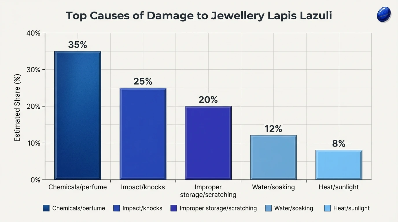 Bar chart showing “Top Causes of Damage to jewellery lapis lazuli” with estimated share data: Chemicals/perfume 35%, Impact/knocks 25%, Improper storage/scratching 20%, Water/soaking 12%, Heat/sunlight 8%