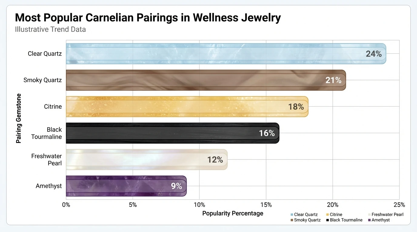 Bar chart showing “Most Popular Carnelian Pairings in Wellness Jewelry” with example data percentages: Clear Quartz 24%, Smoky Quartz 21%, Citrine 18%, Black Tourmaline 16%, Freshwater Pearl 12%, Amethyst 9%; note: illustrative trend data