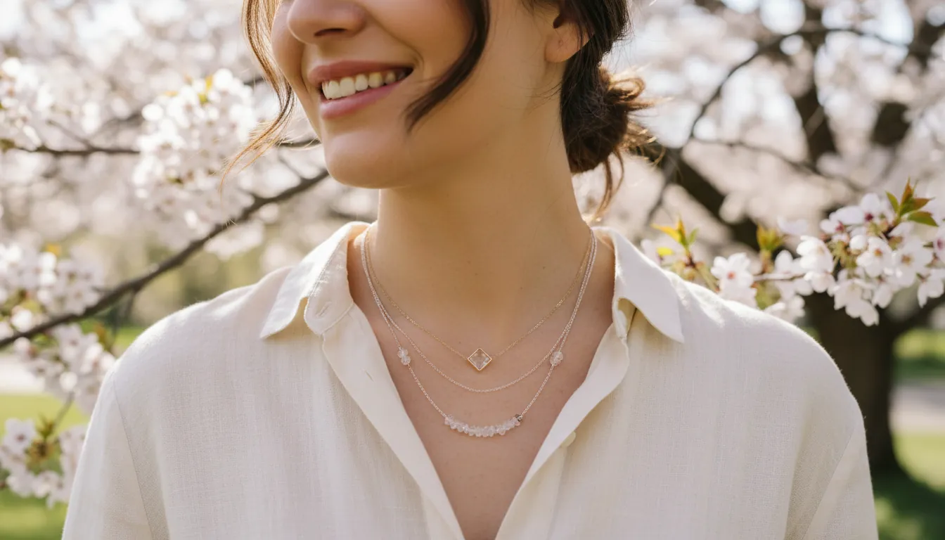 16:9 lifestyle shot of a person wearing a minimalist April birthstone necklace layered with a second crystal strand, spring outdoor background; alt text: birthstone month of april necklace diamond alternative crystal jewelry