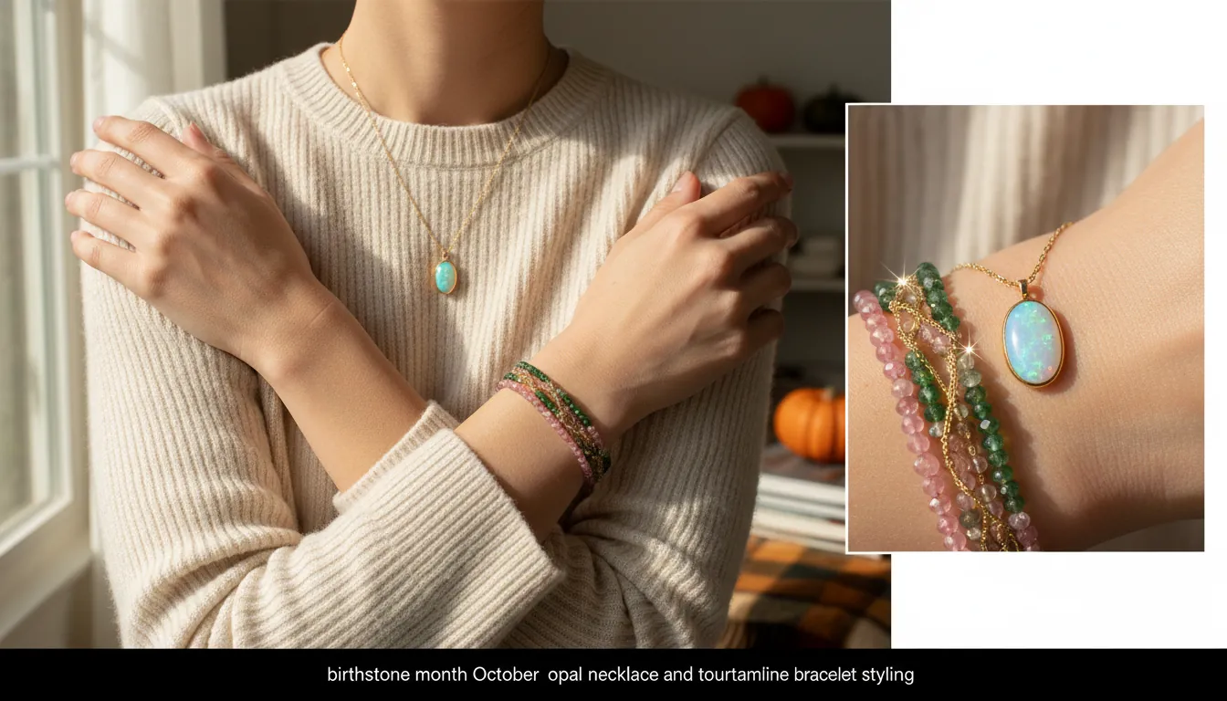 A 16:9 lifestyle scene of a person wearing a delicate opal necklace layered with a tourmaline bracelet, cozy fall sweater, and natural lighting; include close-up sparkle detail; alt text: birthstone month October opal necklace and tourmaline bracelet styling