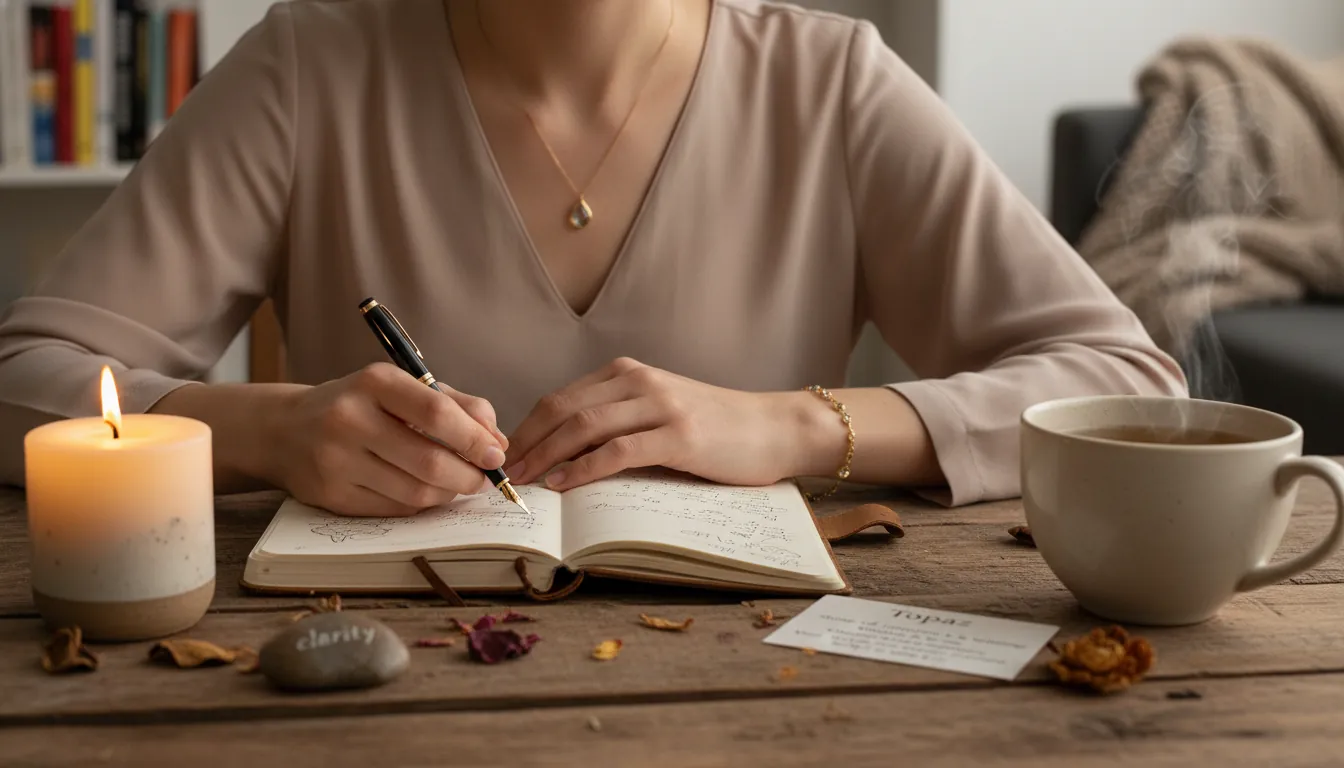 A 16:9 lifestyle shot of a person wearing a minimalist topaz stone necklace and bracelet while journaling beside a cup of tea and a soft candle glow; alt text: topaz stones jewelry meaning everyday necklace bracelet care