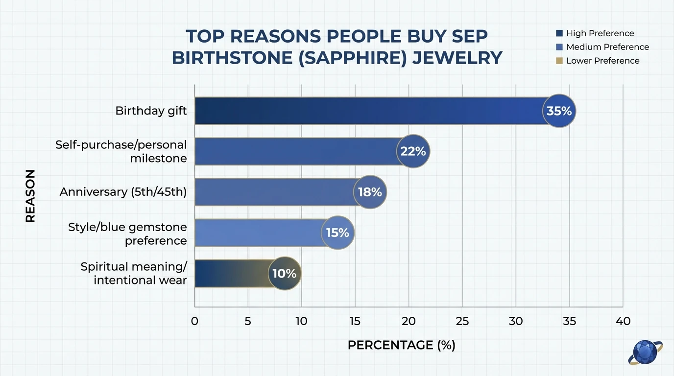 Bar chart showing “Top Reasons People Buy Sep Birthstone (Sapphire) Jewelry” with data description: 35% Birthday gift, 22% Self-purchase/personal milestone, 18% Anniversary (5th/45th), 15% Style/blue gemstone preference, 10% Spiritual meaning/intentional wear