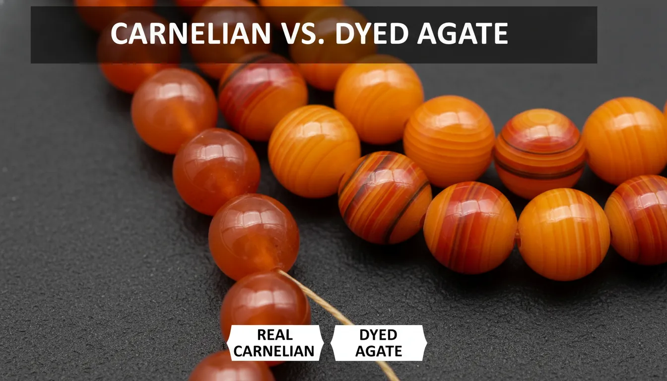 16:9 macro close-up of a genuine carnelian bead strand showing cloudy translucence and waxy luster next to a visibly dyed orange agate bead with banding; alt text: how to tell if carnelian is real vs dyed agate carnelian identification