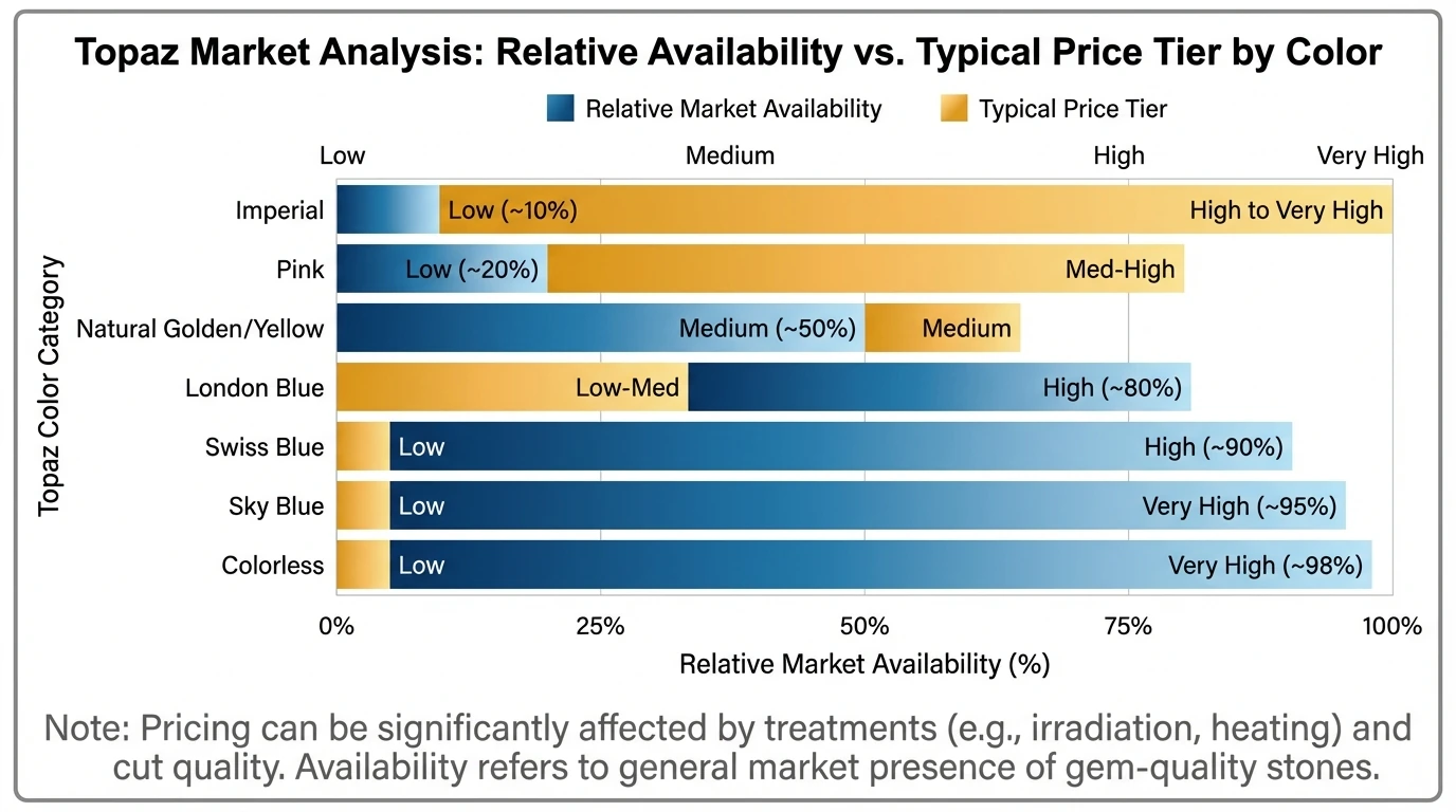 Bar chart showing relative market availability vs typical price tier for topaz stones by color; categories: Imperial (low availability/high price), Pink (low/med-high), Natural Golden/Yellow (medium/medium), London Blue (high/low-med), Swiss Blue (high/low), Sky Blue (very high/low), Colorless (very high/low); include note that treatments can affect pricing