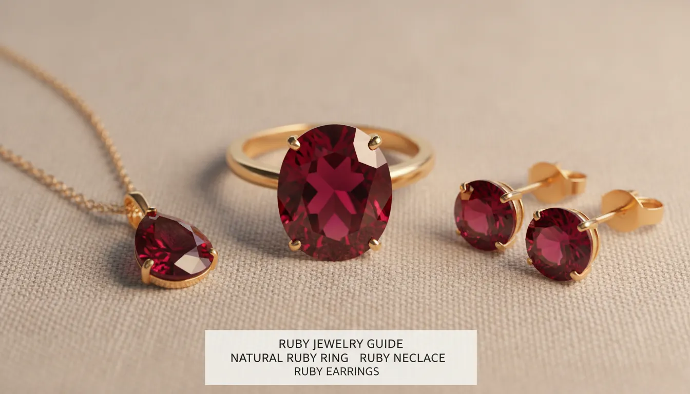 Close-up 16:9 photo of ruby jewelry on a neutral linen backdrop—ruby ring, ruby necklace pendant, and ruby earrings with visible facets and warm light reflections; alt text: ruby jewelry guide, natural ruby ring, ruby necklace, ruby earrings