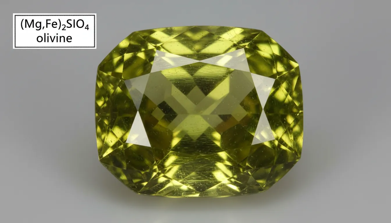 A 16:9 macro photo of a faceted peridot gemstone showing vivid yellow-green to olive-green hues, crisp facet reflections, and high clarity; include a small inset of “(Mg,Fe)₂SiO₄ olivine” label; alt text: gemstones peridot natural peridot yellow-green faceted stone