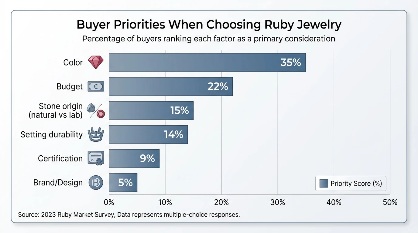 Bar chart showing “Buyer priorities when choosing ruby jewelry” with data description—Color 35%, Budget 22%, Stone origin (natural vs lab) 15%, Setting durability 14%, Certification 9%, Brand/Design 5%