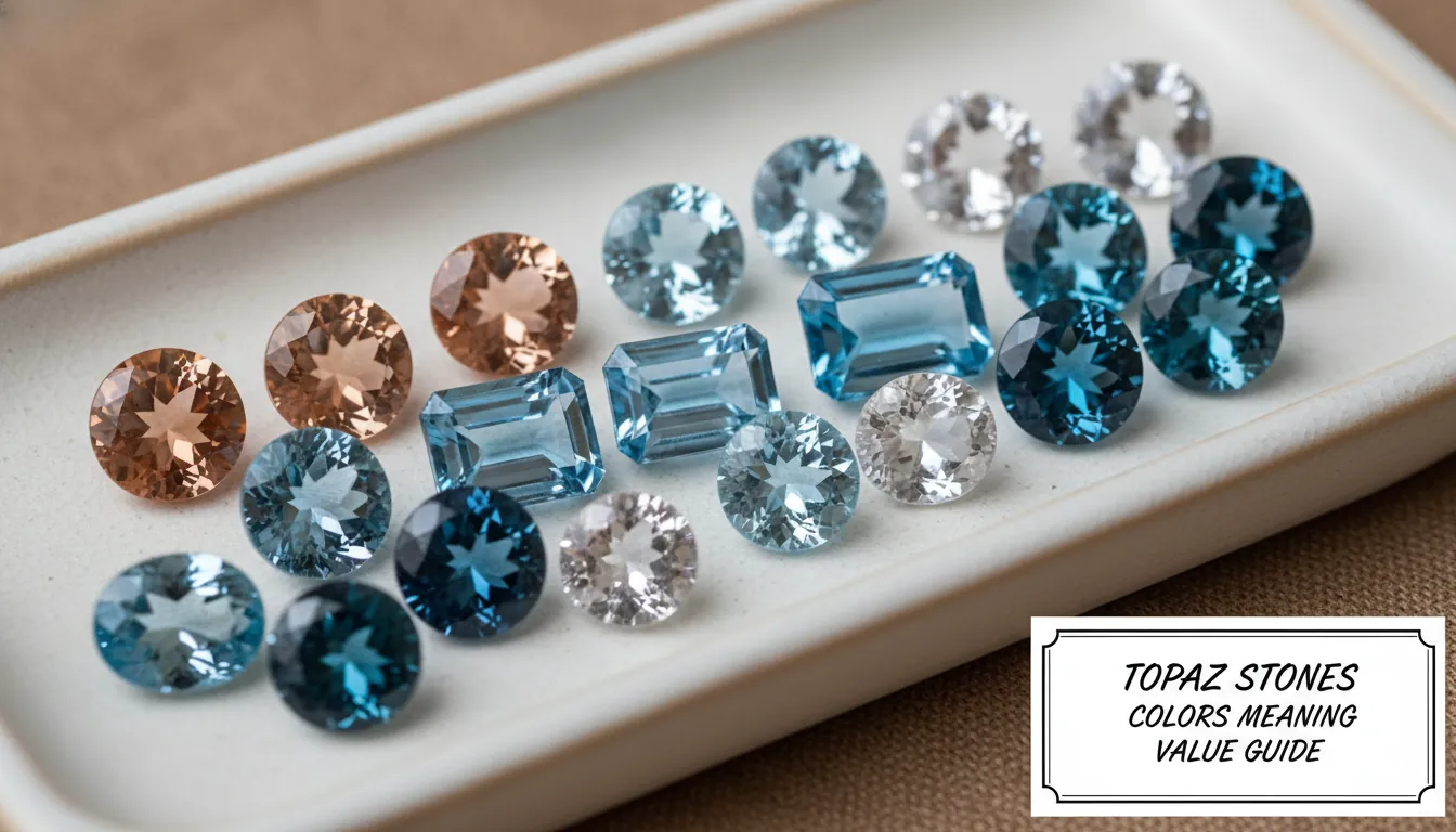 A 16:9 macro photo of assorted topaz stones (imperial peach, sky blue, Swiss blue, London blue, and colorless) arranged on a neutral jewelry tray with soft studio lighting; alt text: topaz stones colors meaning value guide