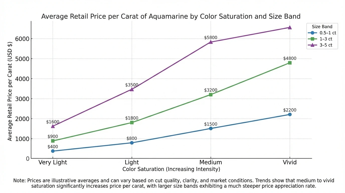 Line chart showing average retail price per carat for aquamarine by color saturation (Very Light, Light, Medium, Vivid) across three size bands (0.5–1 ct, 1–3 ct, 3–5 ct); illustrate that medium/vivid saturation increases price per carat and larger sizes increase price more steeply