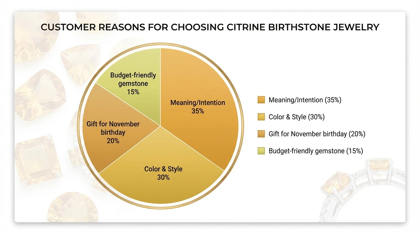 Pie chart showing reasons customers choose birthstone citrine jewelry; data: Meaning/Intention 35%, Color & Style 30%, Gift for November birthday 20%, Budget-friendly gemstone 15%