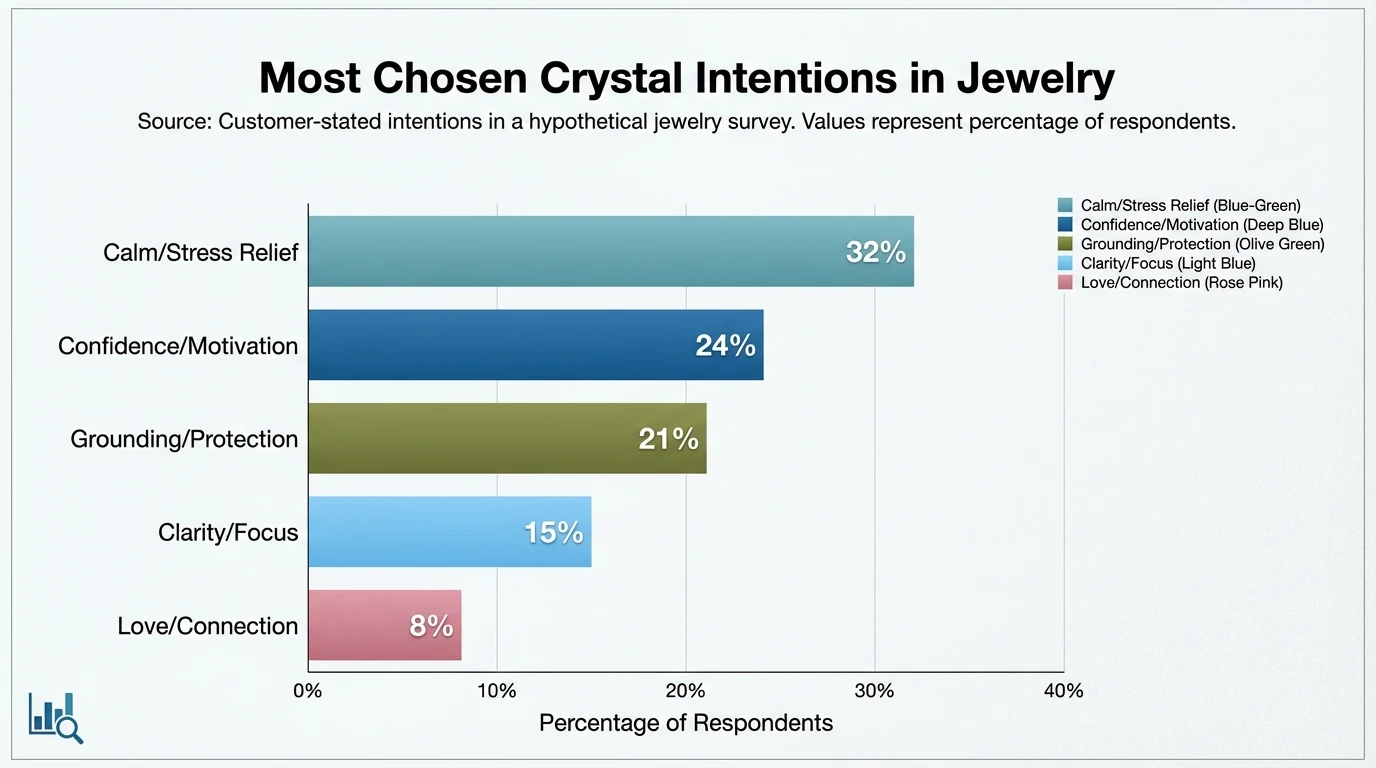 Bar chart showing “Most chosen crystal intentions in jewelry” with data: Calm/Stress Relief 32%, Confidence/Motivation 24%, Grounding/Protection 21%, Clarity/Focus 15%, Love/Connection 8%; note that values represent customer-stated intentions in a hypothetical jewelry survey