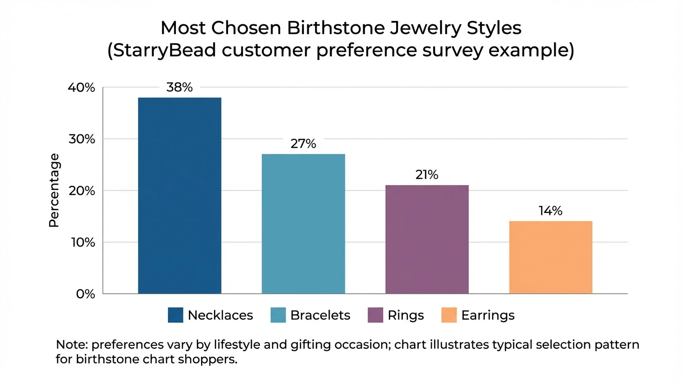 Bar chart showing “Most Chosen Birthstone Jewelry Styles (StarryBead customer preference survey example)” with data: Necklaces 38%, Bracelets 27%, Rings 21%, Earrings 14%. Include note: preferences vary by lifestyle and gifting occasion; chart illustrates typical selection pattern for birthstone chart shoppers.