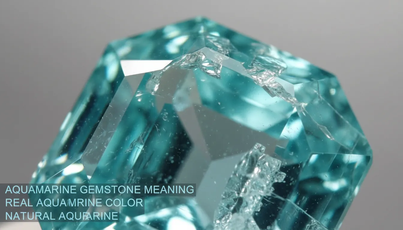 16:9 macro photo of a natural aquamarine gemstone with blue-green hue, visible crystal structure and light reflections on a neutral background; alt text: aquamarine gemstone meaning, real aquamarine color, natural aquamarine