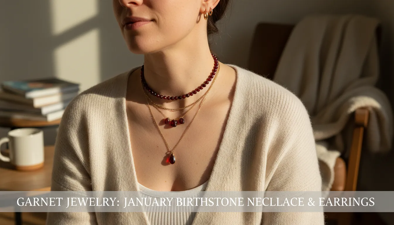 16:9 lifestyle photo of a person wearing layered garnet jewelry (pendant + small hoops) in soft natural light, cozy wellness aesthetic; include close-up on skin and fabric texture; alt text: garnet jewelry meaning January birthstone garnet necklace earrings