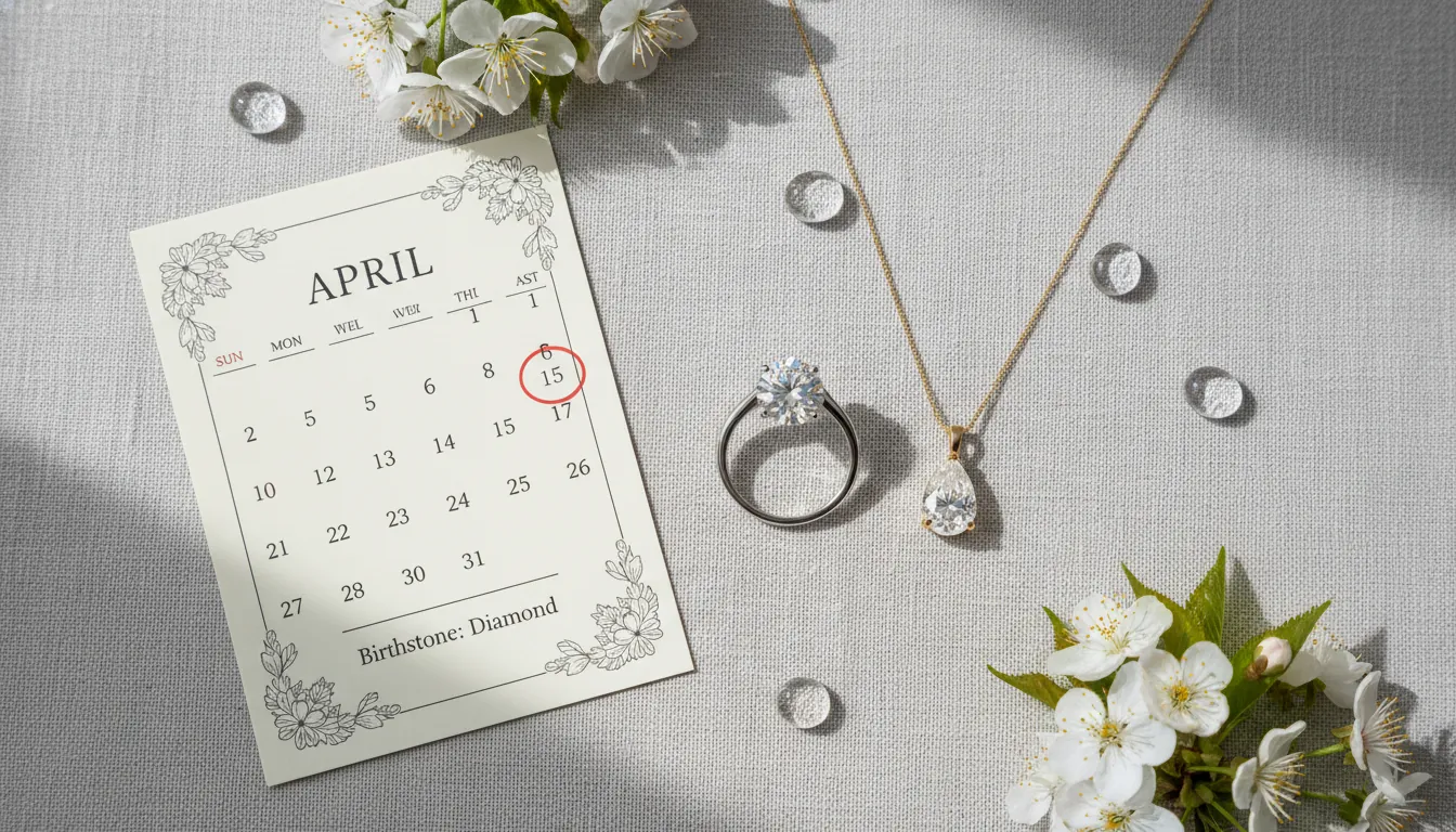16:9 flat-lay of April birthstone jewelry—diamond ring and minimalist pendant beside a calendar page marked “April,” soft spring lighting, dewdrop accents; alt text: birthstone month of april diamond jewelry meaning