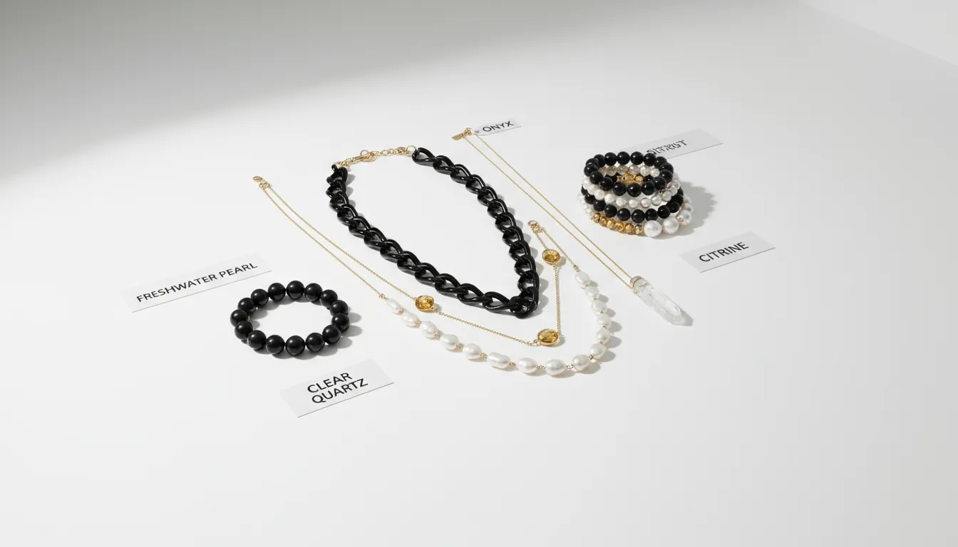 16:9 flat lay showing onyx jewelry layered with freshwater pearl, citrine, and clear quartz pieces; labeled gemstone names on small tags, bright clean background, modern editorial style; alt text: onyx jewelry styling black onyx with pearl citrine clear quartz layered bracelet necklace