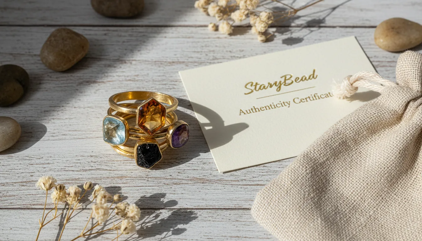 A 16:9 flat-lay photo of stack rings jewellery arranged in a curated set: citrine, amethyst, aquamarine, smoky quartz, and black tourmaline rings beside a StarryBead authenticity certificate card and a linen pouch; warm minimal styling; alt text: stack rings jewellery gemstone ring stack with citrine amethyst aquamarine and black tourmaline