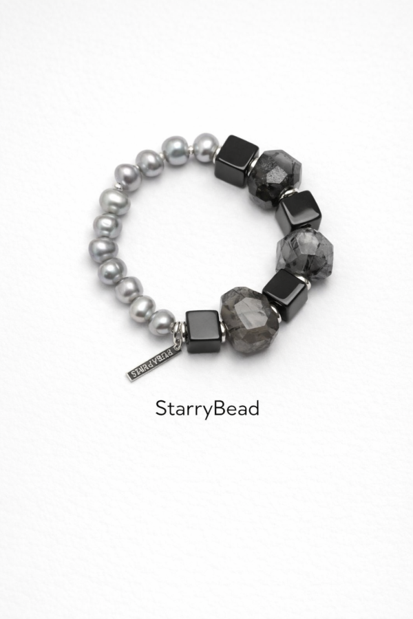 StarryBead Natural Black Agate, Rutilated Quartz & Freshwater Pearl Protection Bracelet