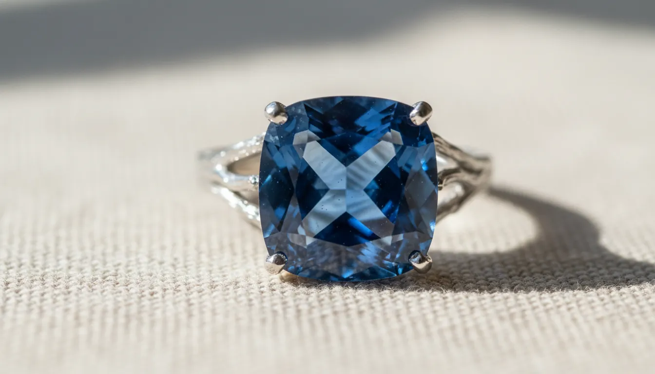 16:9 close-up macro of a faceted royal-blue sapphire birthstone in a handcrafted ring setting on a neutral linen background, with soft window light showing brilliance and color zoning; alt text: sapphire birthstone ring natural blue sapphire jewelry
