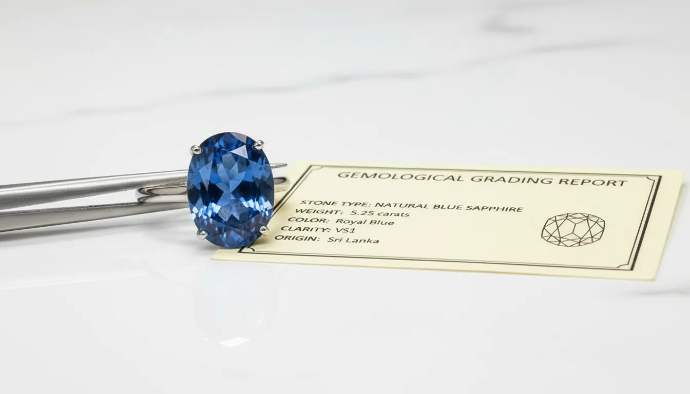 16:9 close-up of a natural blue sapphire ring held with jeweler’s tweezers beside a grading report; bright studio lighting; alt text: blue sapphire jewelers natural sapphire ring authenticity certificate