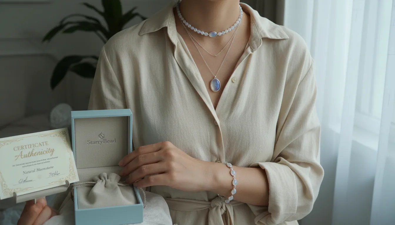 A 16:9 lifestyle shot of layered moonstones jewelry (necklace + bracelet) styled with a neutral outfit and soft moonlit window lighting; include a certificate card and StarryBead packaging in frame; alt text: moonstones jewelry necklace bracelet natural gemstone certificate