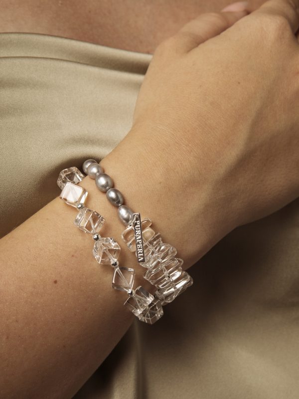 StarryBead Natural Grey Pearl & Sugar Cube Quartz Double-Strand Bracelet: Moonlit Clarity