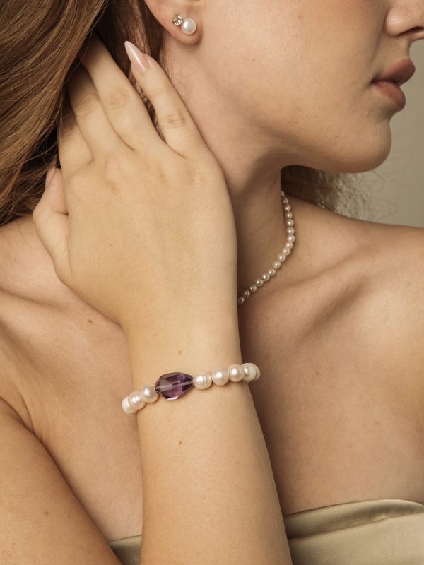 StarryBead Large Freeform Amethyst & Natural Freshwater Pearl Bracelet: Intuitive Serenity