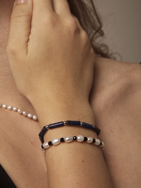 StarryBead Natural Lapis Lazuli, Black Tourmaline & Freshwater Pearl Dual-Strand Bracelet