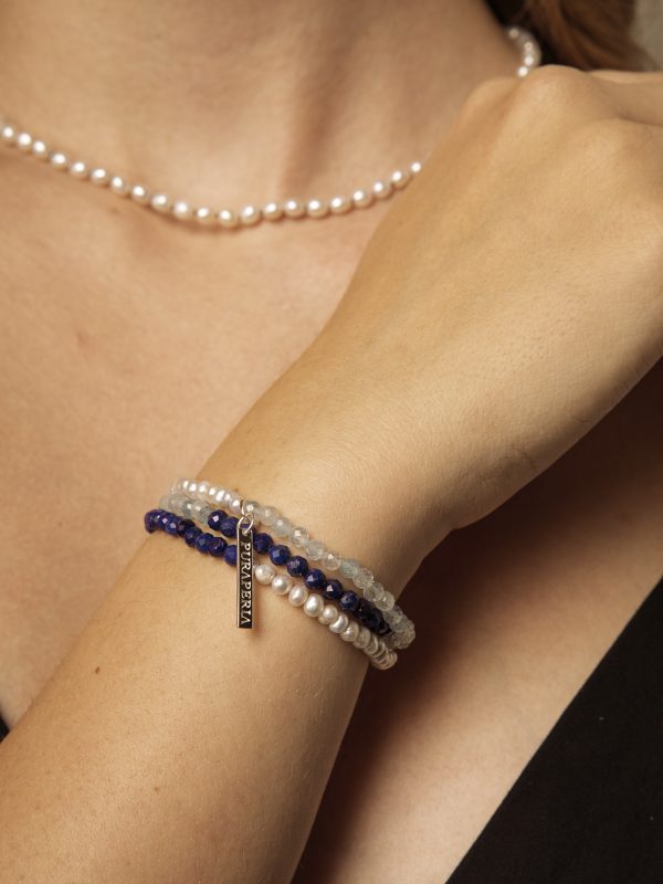 StarryBead Lapis Lazuli, Aquamarine & Freshwater Pearl Triple-Strand Bracelet