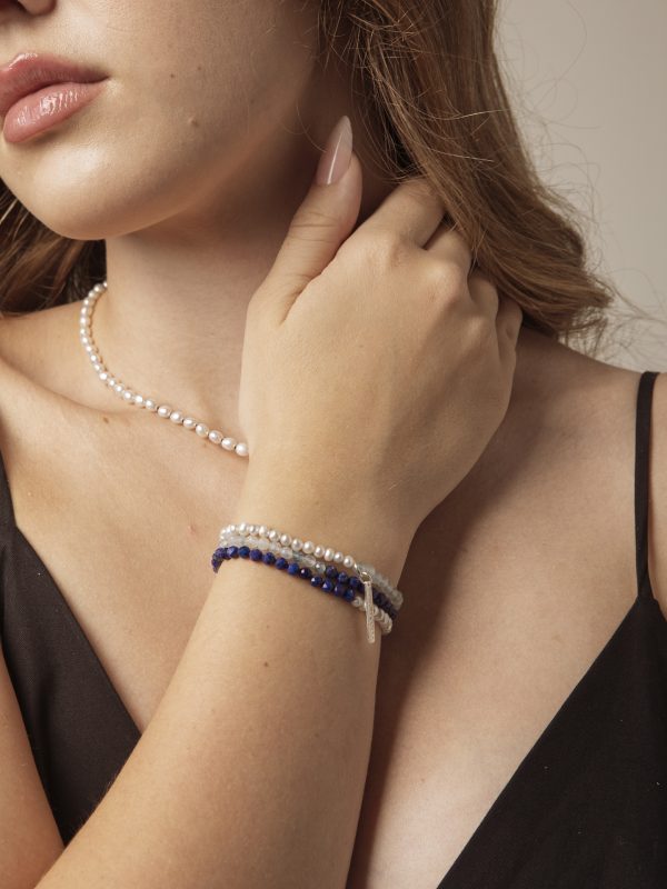 StarryBead Lapis Lazuli, Aquamarine & Freshwater Pearl Triple-Strand Bracelet