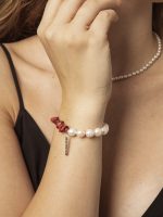 StarryBead Natural Red Stone & Freshwater Pearl Healing Bracelet: Vitality & Grace