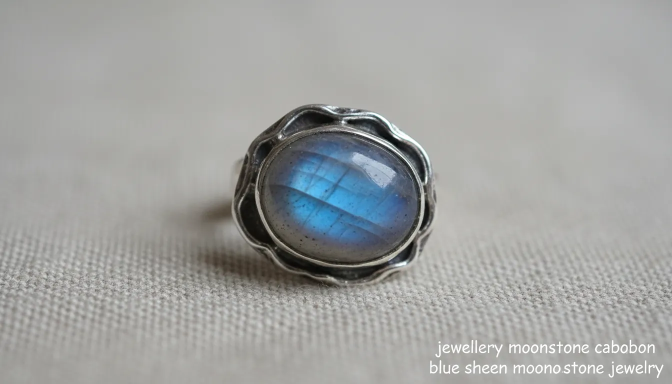 16:9 macro photograph of jewellery moonstone cabochon showing blue adularescence glow, set in a handcrafted sterling silver bezel on a neutral linen background; alt text: jewellery moonstone cabochon blue sheen moonstone jewelry