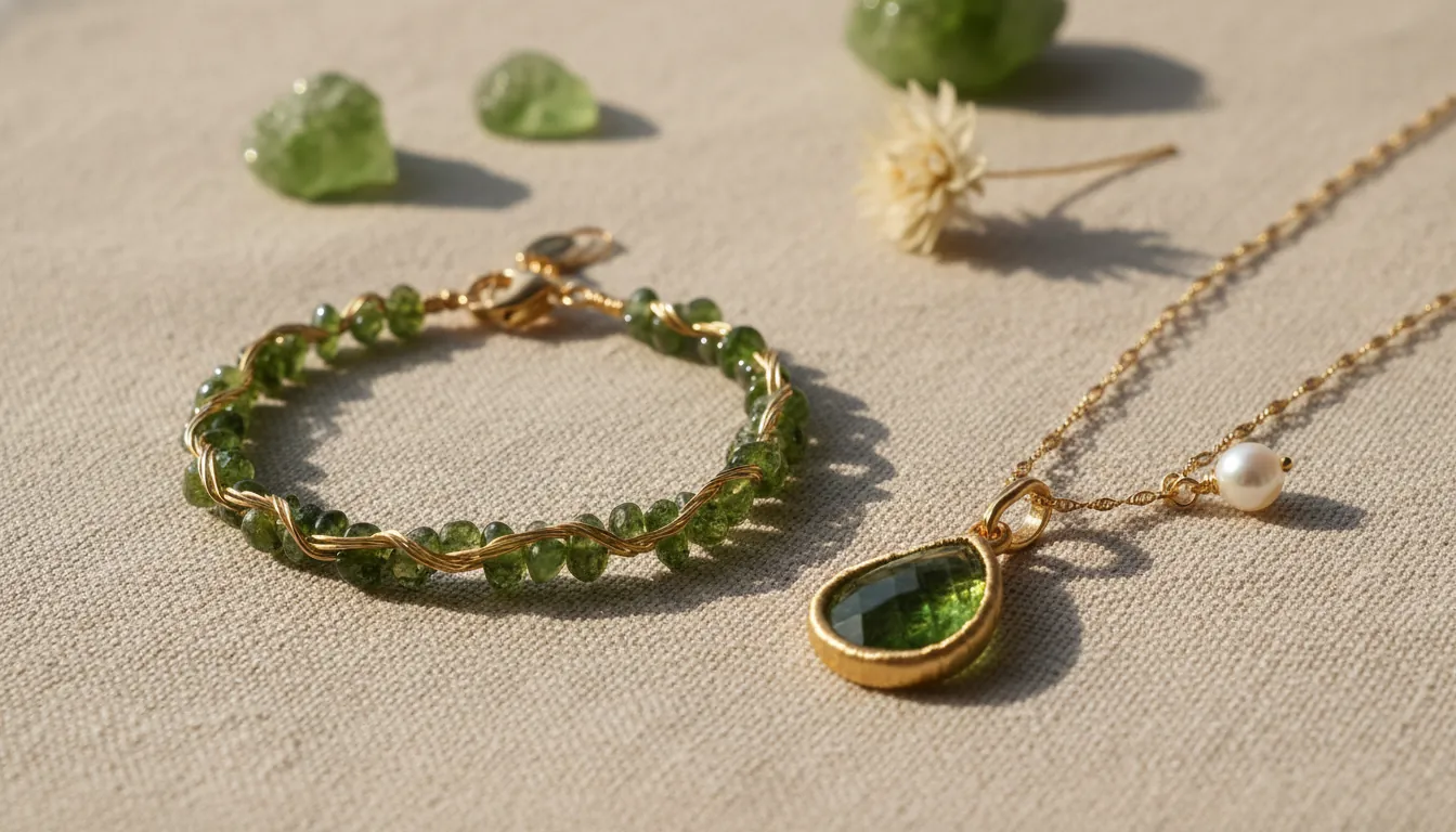 A 16:9 lifestyle scene of a handcrafted peridot bracelet and peridot pendant necklace styled on a neutral linen background with a gold chain and a small pearl accent; lighting is warm and natural; alt text: gemstones peridot jewelry peridot necklace bracelet natural crystal accessories