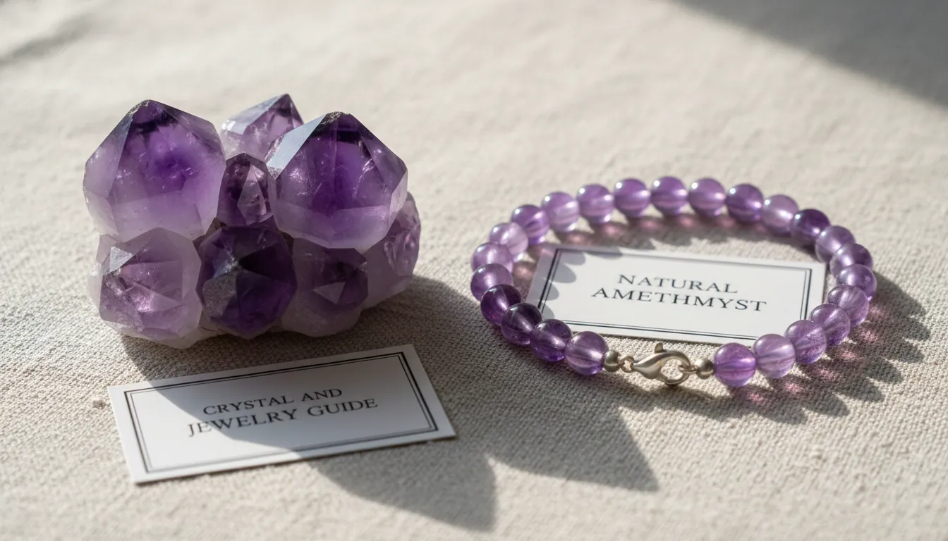 16:9 macro photo of natural amethyst crystal points beside a finished amethyst bracelet on a neutral linen background, soft daylight, showing purple zoning and clarity; alt text: amethyst crystal and amethyst jewelry guide natural amethyst bracelet