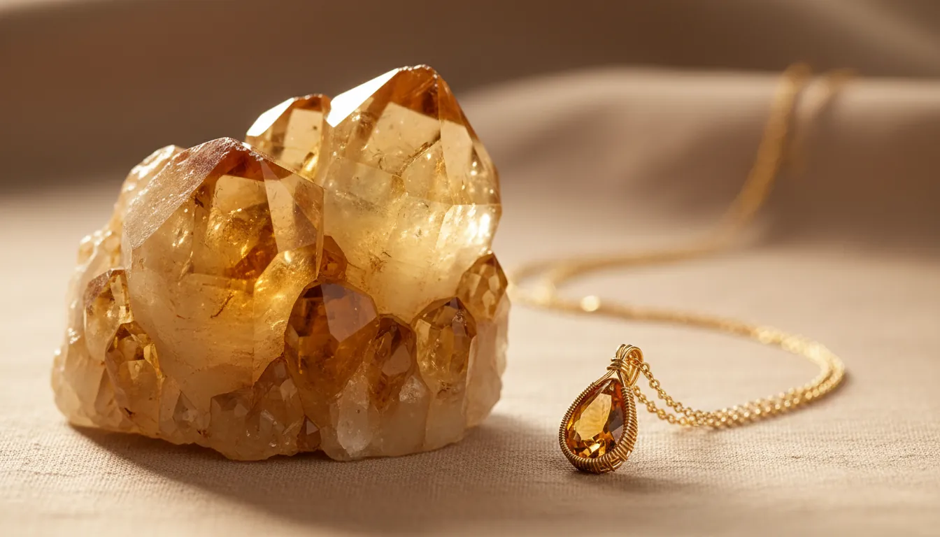 16:9 macro photo of a natural birthstone citrine crystal cluster beside a finished handcrafted gold-chain citrine necklace on a warm neutral background; lighting emphasizes honey-yellow tones; alt text: birthstone citrine necklace natural citrine November birthstone jewelry